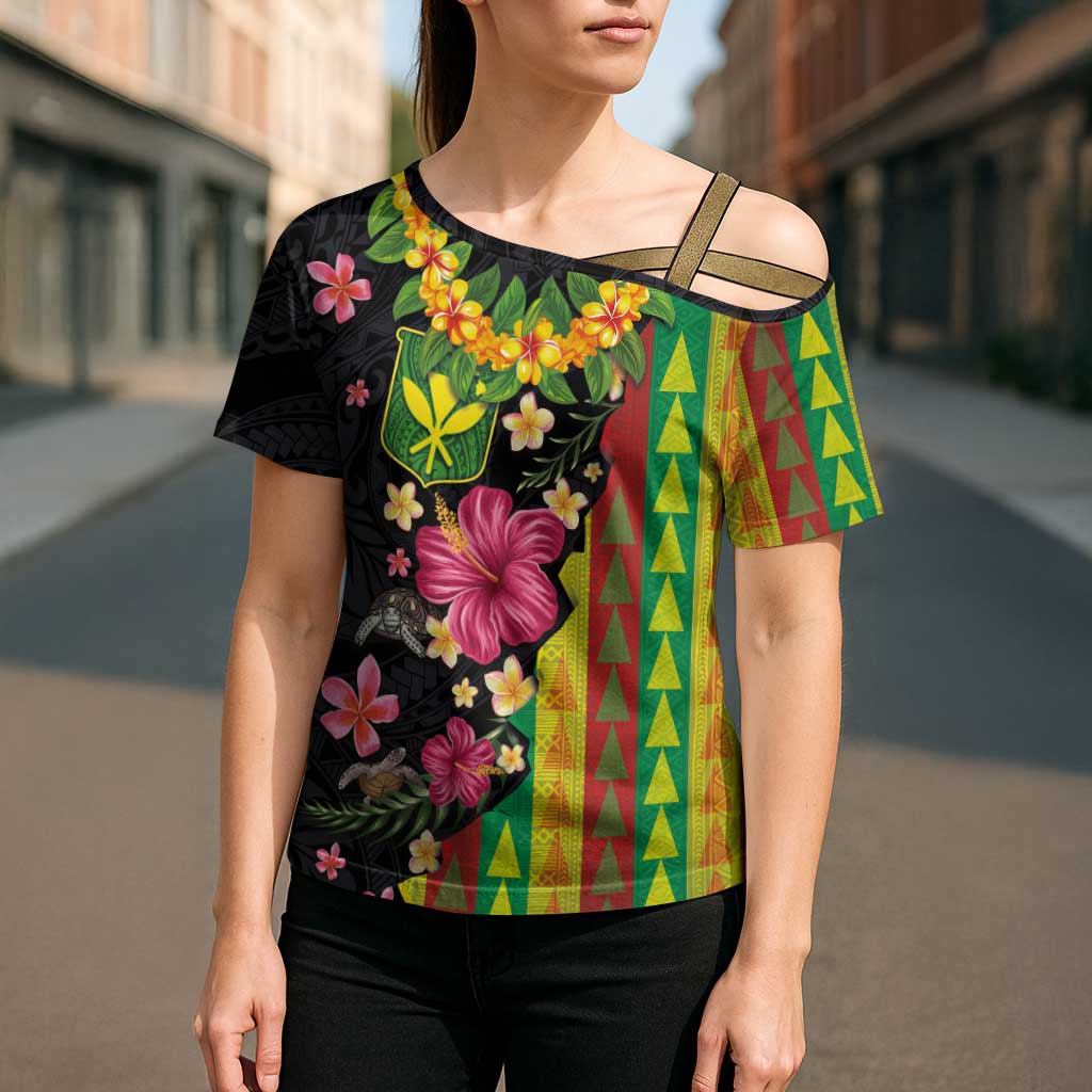 Hawaiian Independence Day Cross Shoulder Shirt Kanaka Maoli Symbols With Tapa Motifs and Tropical Plants - Polynesian Pride