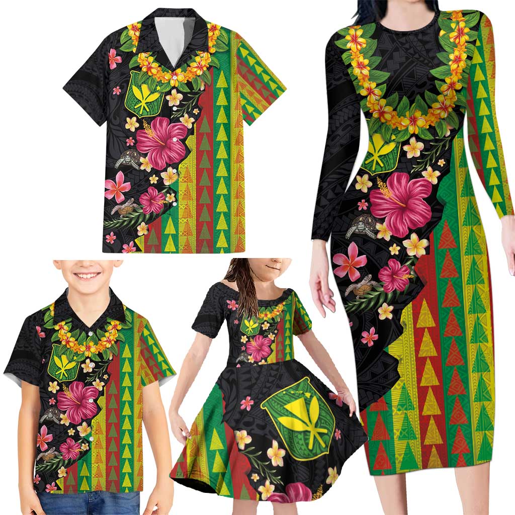 Hawaiian Independence Day Family Matching Long Sleeve Bodycon Dress and Hawaiian Shirt Kanaka Maoli Symbols With Tapa Motifs and Tropical Plants LT03 - Polynesian Pride