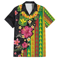 Hawaiian Independence Day Family Matching Long Sleeve Bodycon Dress and Hawaiian Shirt Kanaka Maoli Symbols With Tapa Motifs and Tropical Plants LT03 Dad's Shirt - Short Sleeve Black - Polynesian Pride