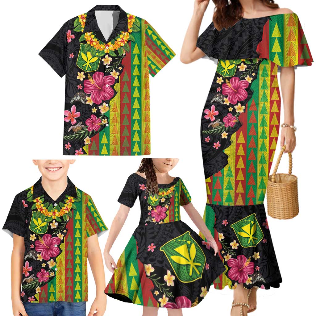 Hawaiian Independence Day Family Matching Mermaid Dress and Hawaiian Shirt Kanaka Maoli Symbols With Tapa Motifs and Tropical Plants - Polynesian Pride