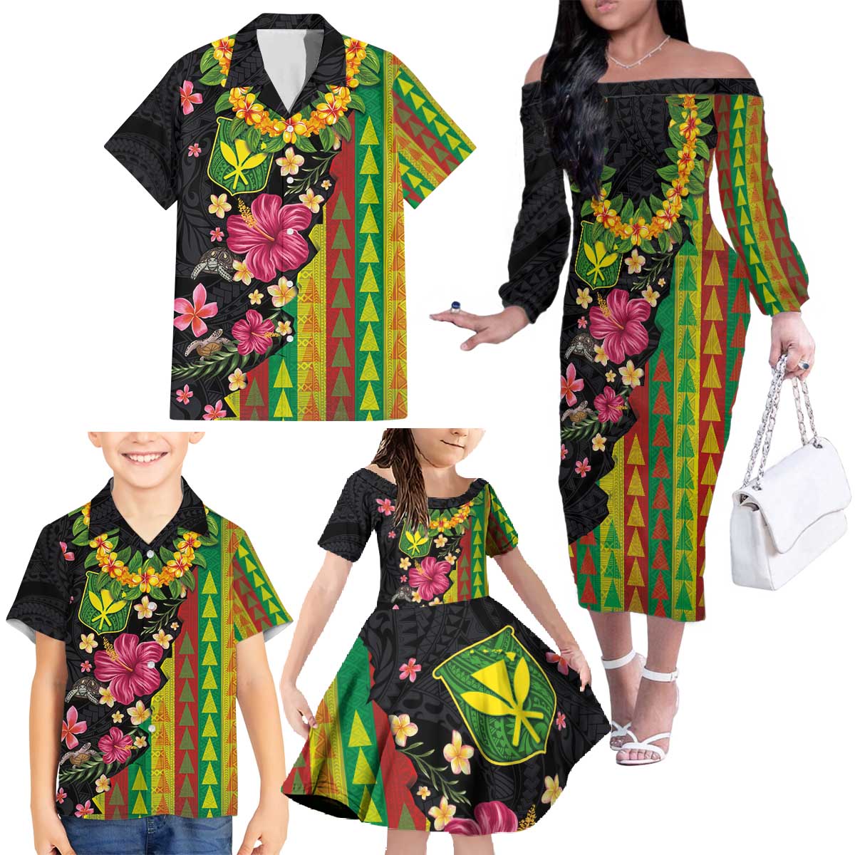 Hawaiian Independence Day Family Matching Off The Shoulder Long Sleeve Dress and Hawaiian Shirt Kanaka Maoli Symbols With Tapa Motifs and Tropical Plants LT03 - Polynesian Pride