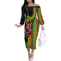 Hawaiian Independence Day Family Matching Off The Shoulder Long Sleeve Dress and Hawaiian Shirt Kanaka Maoli Symbols With Tapa Motifs and Tropical Plants LT03 Mom's Dress Black - Polynesian Pride