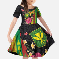 Hawaiian Independence Day Family Matching Off Shoulder Maxi Dress and Hawaiian Shirt Kanaka Maoli Symbols With Tapa Motifs and Tropical Plants LT03 Daughter's Dress Black - Polynesian Pride
