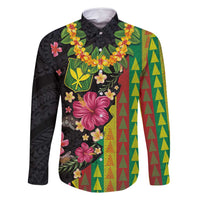 Hawaiian Independence Day Family Matching Off Shoulder Maxi Dress and Hawaiian Shirt Kanaka Maoli Symbols With Tapa Motifs and Tropical Plants LT03 Dad's Shirt - Long Sleeve Black - Polynesian Pride