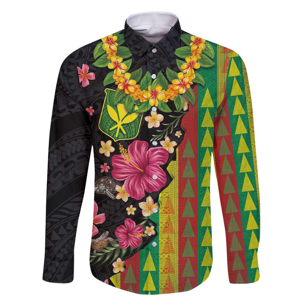 Hawaiian Independence Day Family Matching Short Sleeve Bodycon Dress and Hawaiian Shirt Kanaka Maoli Symbols With Tapa Motifs and Tropical Plants LT03 Dad's Shirt - Long Sleeve Black - Polynesian Pride