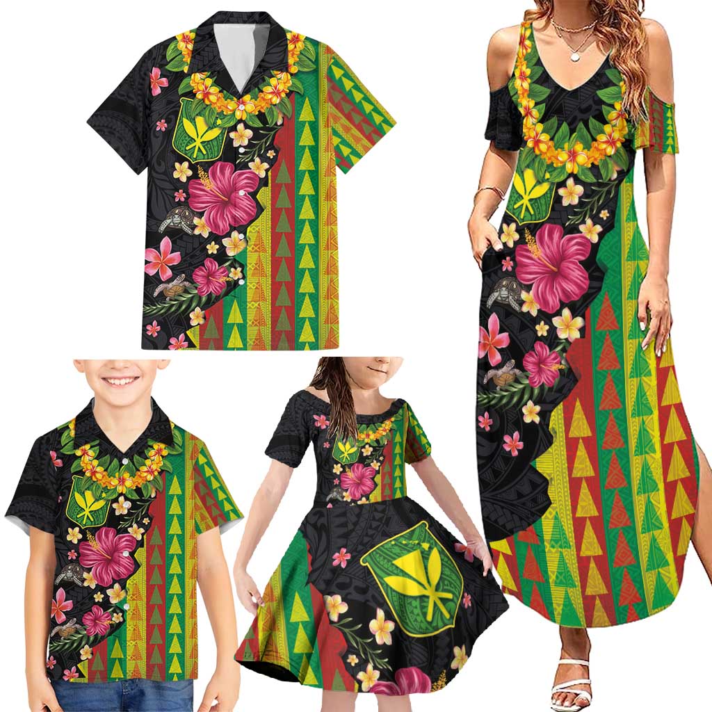 Hawaiian Independence Day Family Matching Summer Maxi Dress and Hawaiian Shirt Kanaka Maoli Symbols With Tapa Motifs and Tropical Plants - Polynesian Pride