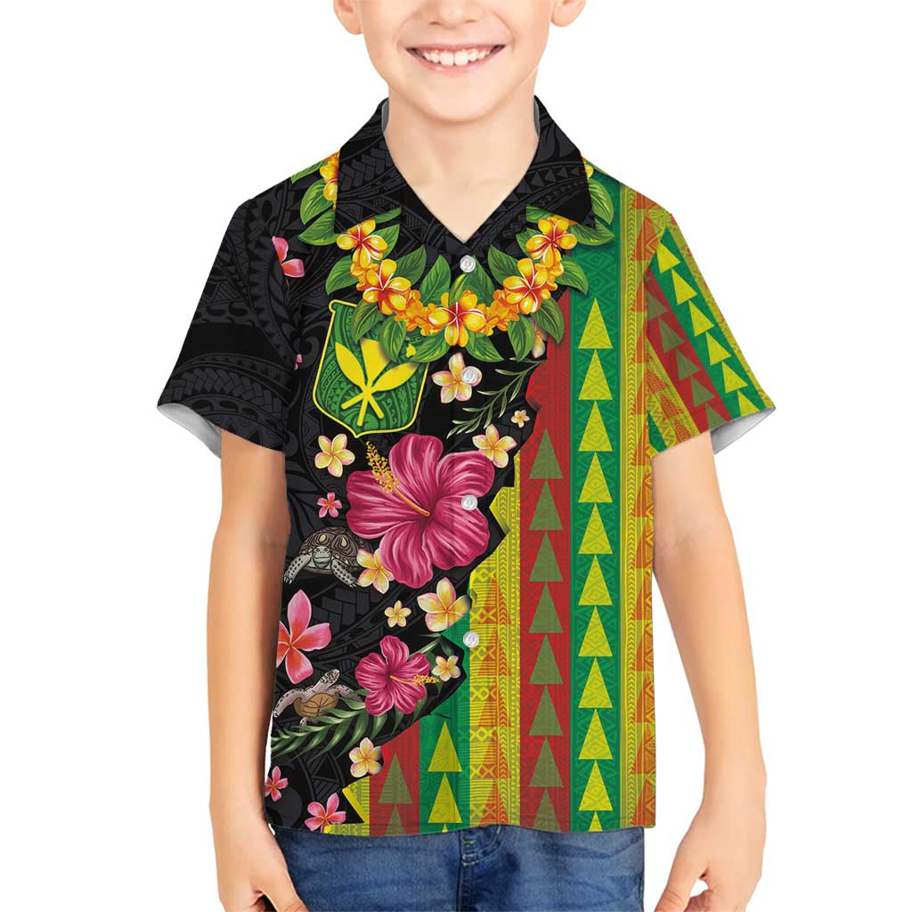 Hawaiian Independence Day Family Matching Tank Maxi Dress and Hawaiian Shirt Kanaka Maoli Symbols With Tapa Motifs and Tropical Plants LT03 Son's Shirt Black - Polynesian Pride
