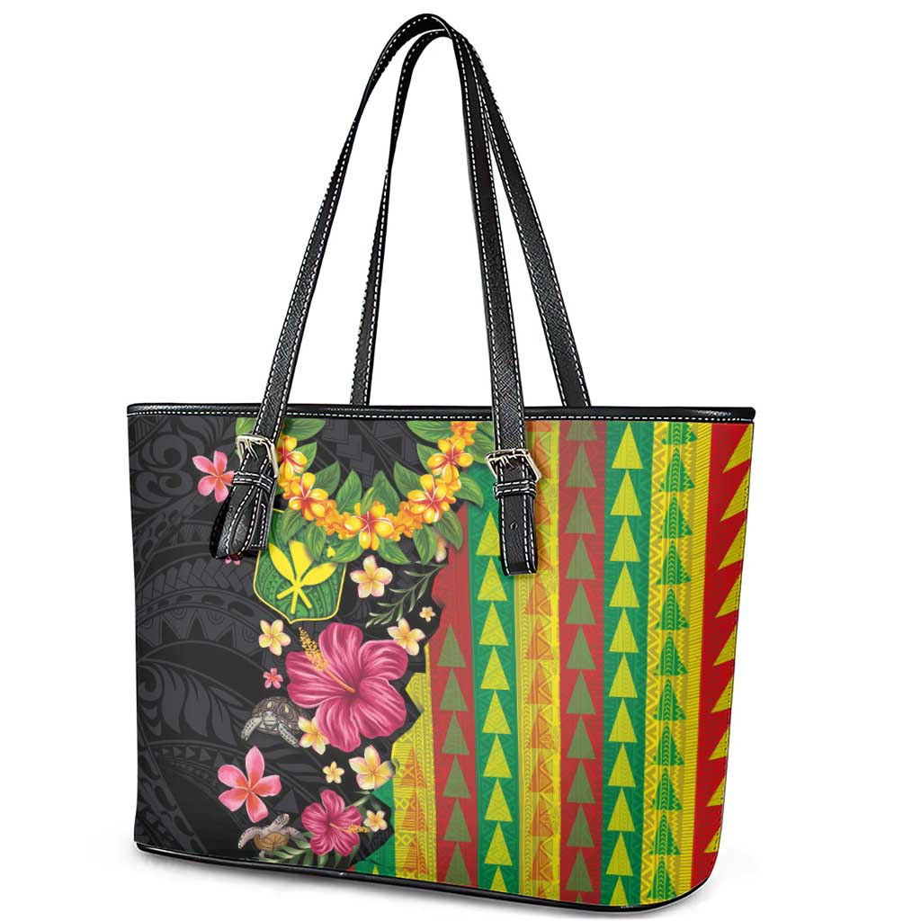 Hawaiian Independence Day Leather Tote Bag Kanaka Maoli Symbols With Tapa Motifs and Tropical Plants - Polynesian Pride