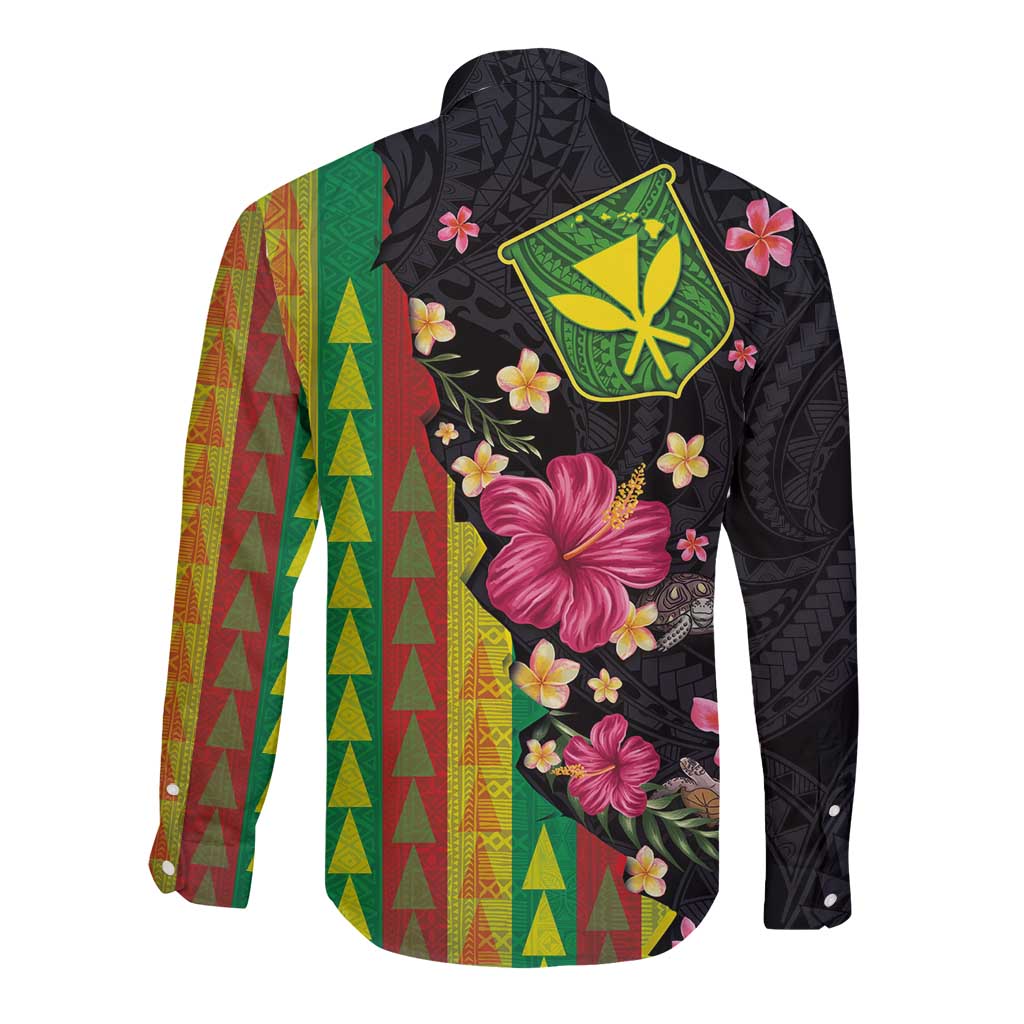 Hawaiian Independence Day Long Sleeve Button Shirt Kanaka Maoli Symbols With Tapa Motifs and Tropical Plants - Polynesian Pride