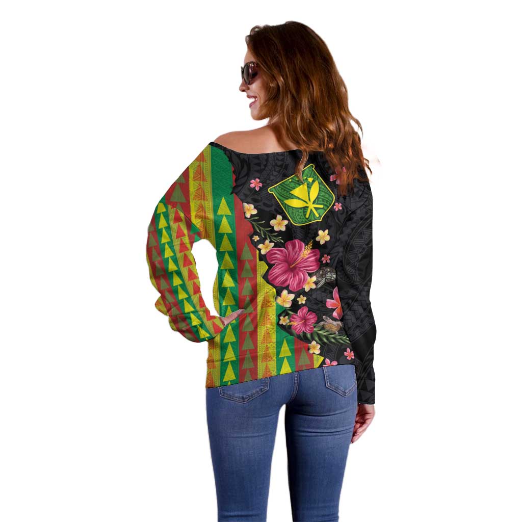 Hawaiian Independence Day Off Shoulder Sweater Kanaka Maoli Symbols With Tapa Motifs and Tropical Plants - Polynesian Pride