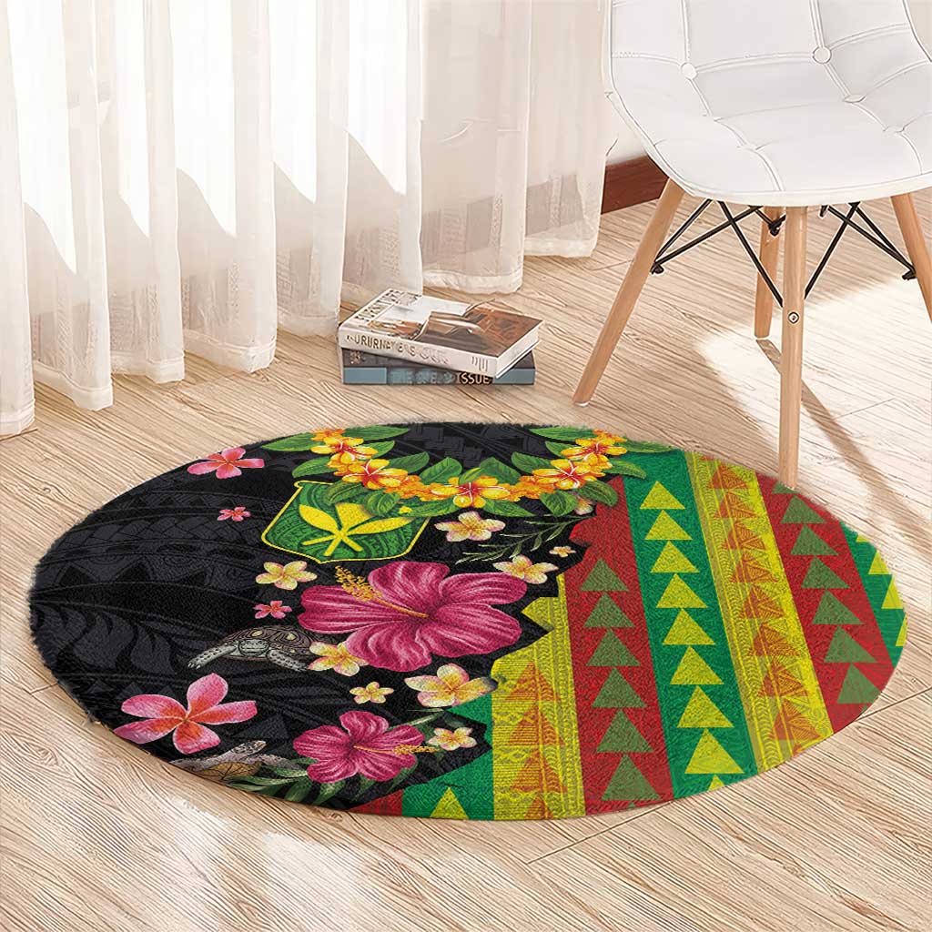 Hawaiian Independence Day Round Carpet Kanaka Maoli Symbols With Tapa Motifs and Tropical Plants - Polynesian Pride