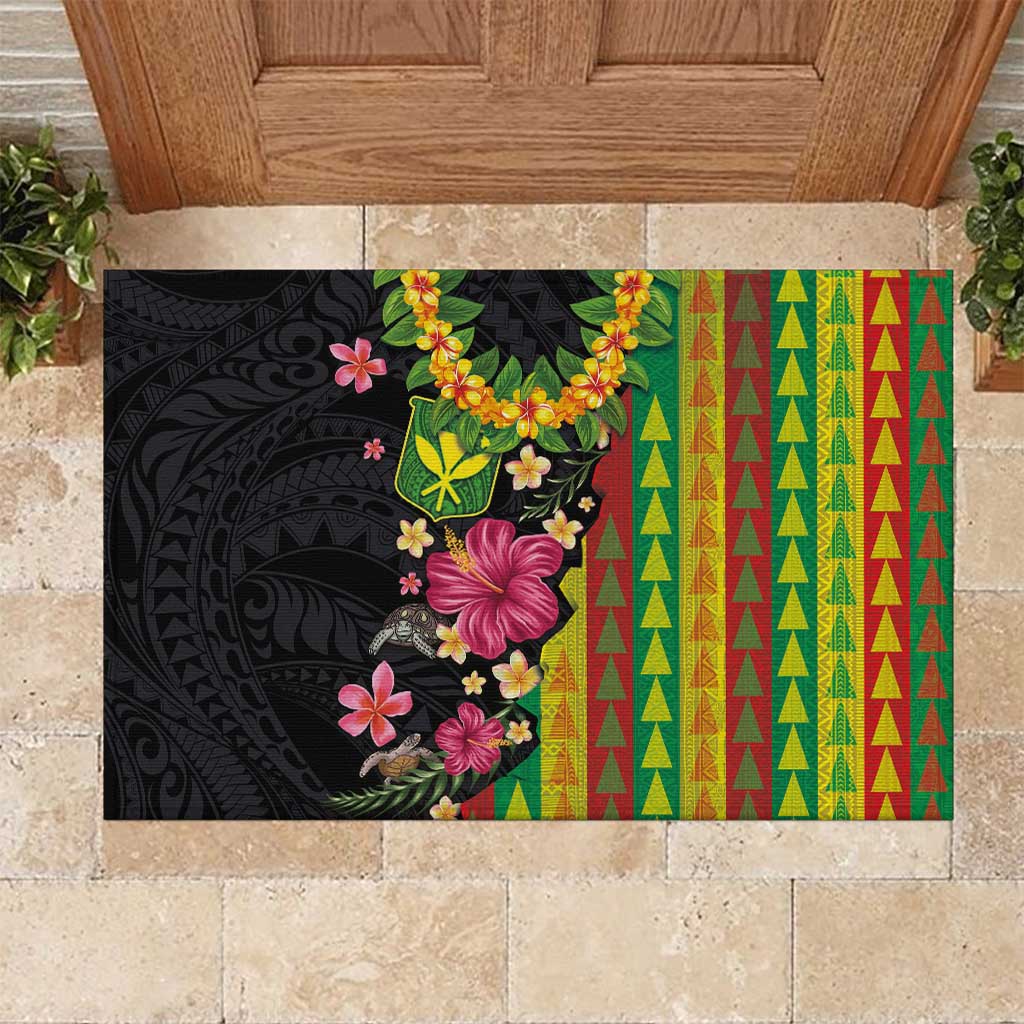 Hawaiian Independence Day Rubber Doormat Kanaka Maoli Symbols With Tapa Motifs and Tropical Plants - Polynesian Pride