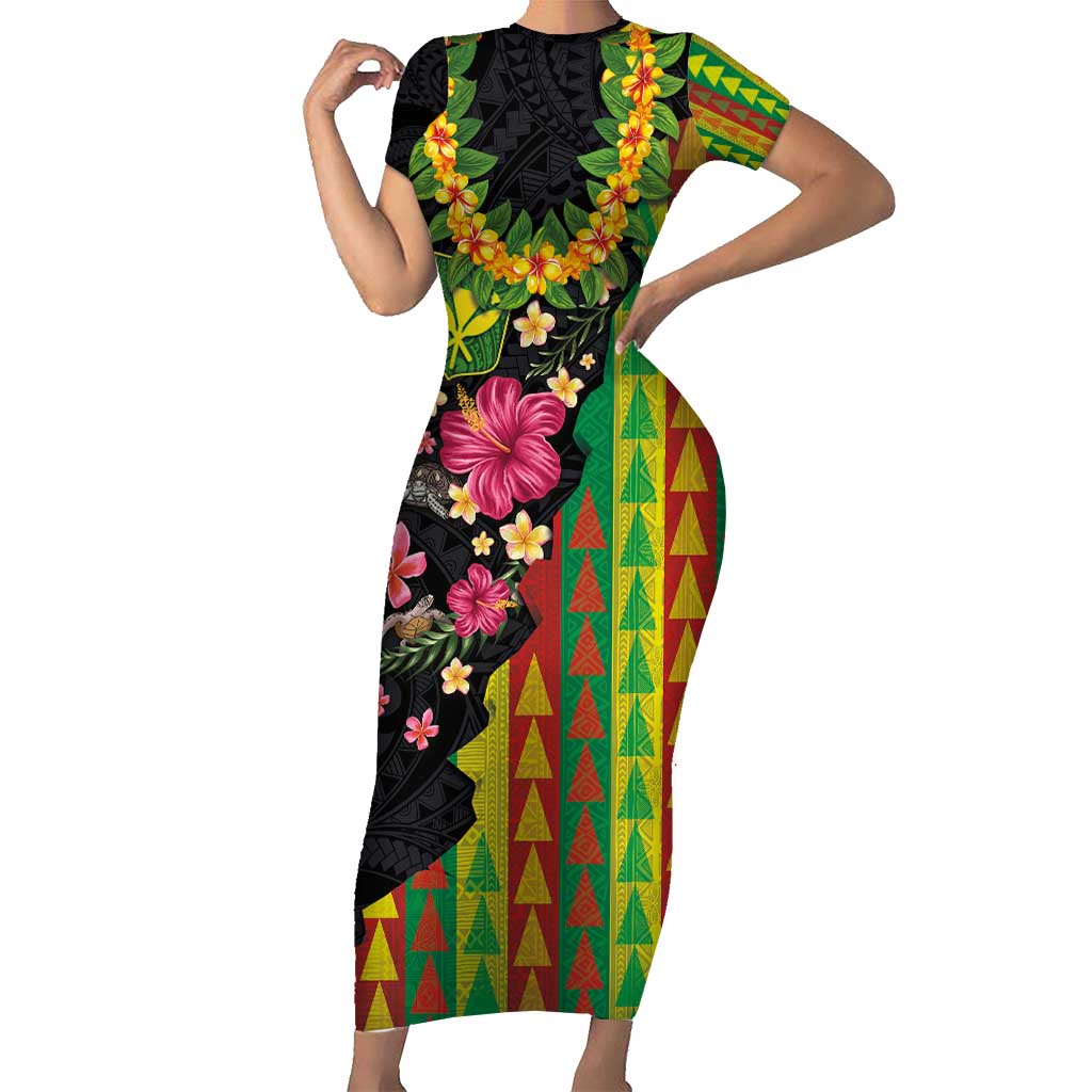 Hawaiian Independence Day Short Sleeve Bodycon Dress Kanaka Maoli Symbols With Tapa Motifs and Tropical Plants - Polynesian Pride