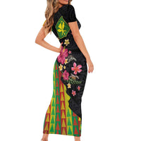 Hawaiian Independence Day Short Sleeve Bodycon Dress Kanaka Maoli Symbols With Tapa Motifs and Tropical Plants - Polynesian Pride