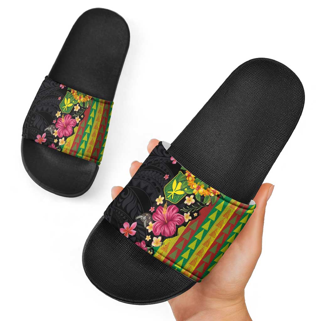 Hawaiian Independence Day Slide Sandals Kanaka Maoli Symbols With Tapa Motifs and Tropical Plants - Polynesian Pride