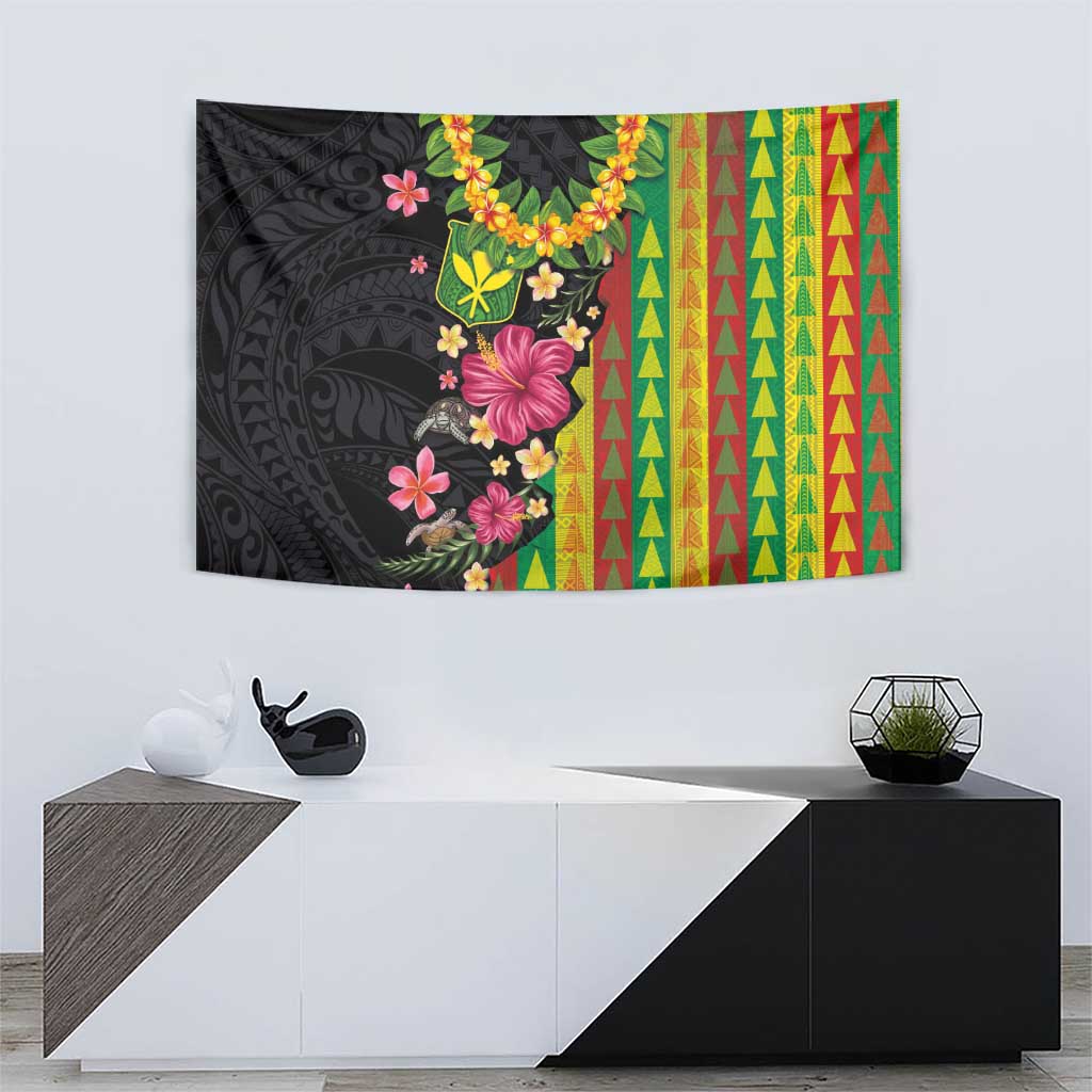 Hawaiian Independence Day Tapestry Kanaka Maoli Symbols With Tapa Motifs and Tropical Plants - Polynesian Pride