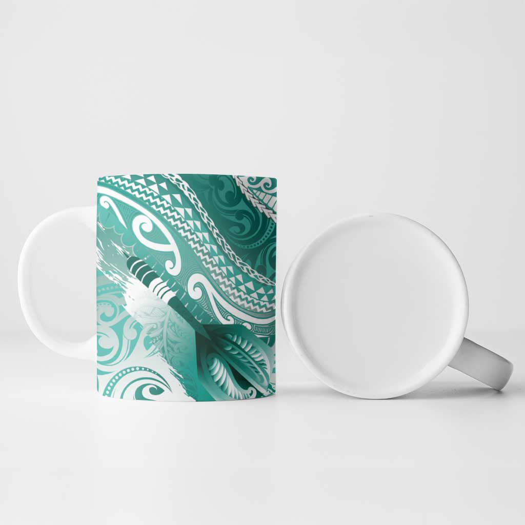 Personalised New Zealand Aotearoa Darts Masters Ceramic Mug Maori Art Tattoo with Tribal Dart Symbol Teal Color - Polynesian Pride