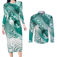 Personalised New Zealand Aotearoa Darts Masters Couples Matching Long Sleeve Bodycon Dress and Long Sleeve Button Shirt Maori Art Tattoo with Tribal Dart Symbol Teal Color - Polynesian Pride
