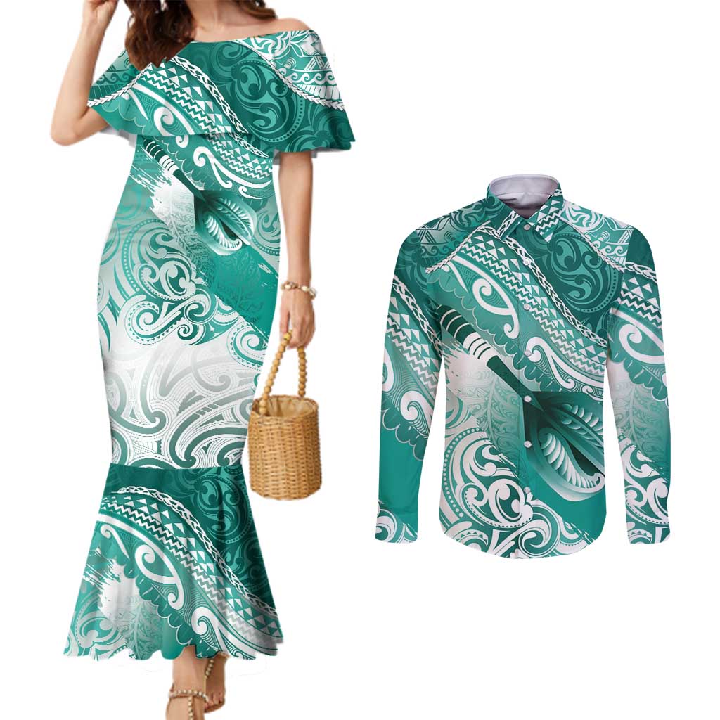 Personalised New Zealand Aotearoa Darts Masters Couples Matching Mermaid Dress and Long Sleeve Button Shirt Maori Art Tattoo with Tribal Dart Symbol Teal Color - Polynesian Pride