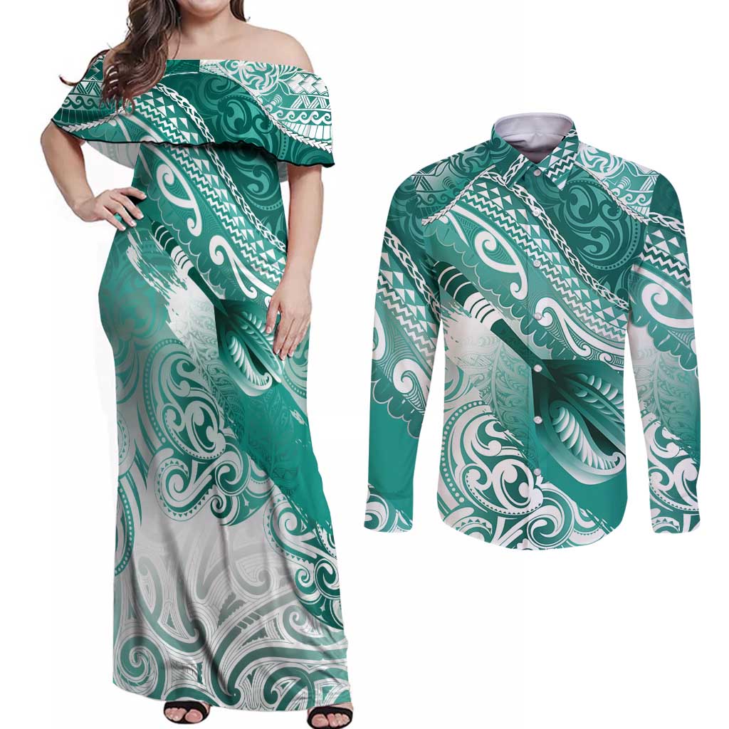 Personalised New Zealand Aotearoa Darts Masters Couples Matching Off Shoulder Maxi Dress and Long Sleeve Button Shirt Maori Art Tattoo with Tribal Dart Symbol Teal Color - Polynesian Pride