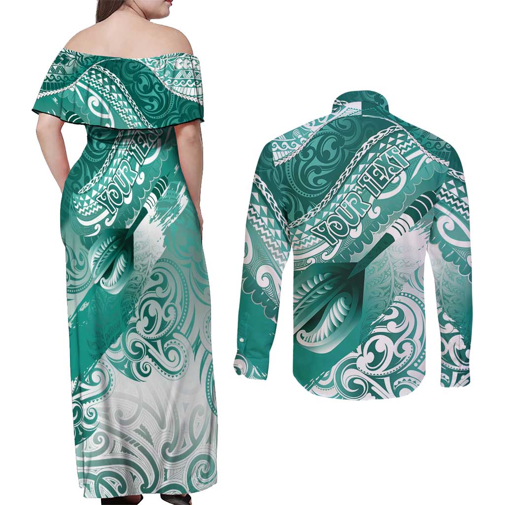 Personalised New Zealand Aotearoa Darts Masters Couples Matching Off Shoulder Maxi Dress and Long Sleeve Button Shirt Maori Art Tattoo with Tribal Dart Symbol Teal Color - Polynesian Pride