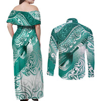 Personalised New Zealand Aotearoa Darts Masters Couples Matching Off Shoulder Maxi Dress and Long Sleeve Button Shirt Maori Art Tattoo with Tribal Dart Symbol Teal Color - Polynesian Pride