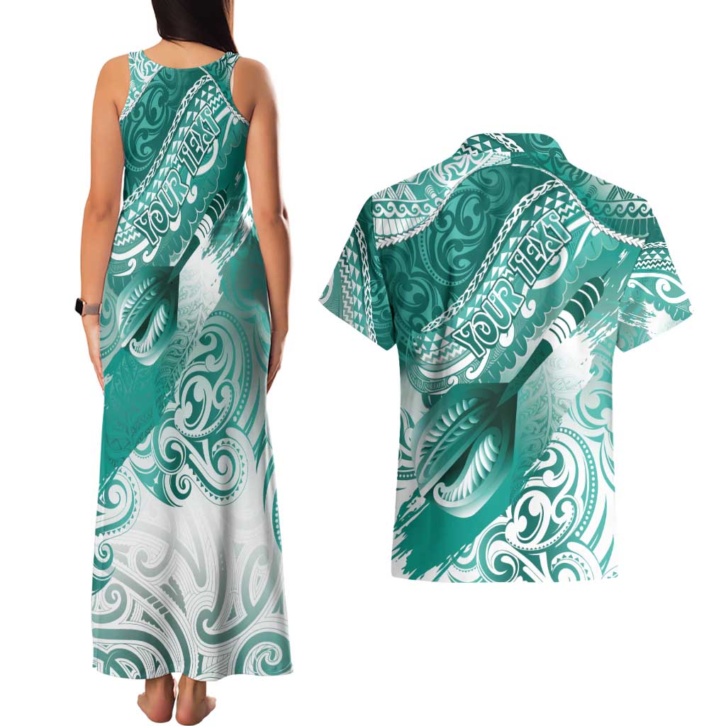 Personalised New Zealand Aotearoa Darts Masters Couples Matching Tank Maxi Dress and Hawaiian Shirt Maori Art Tattoo with Tribal Dart Symbol Teal Color - Polynesian Pride