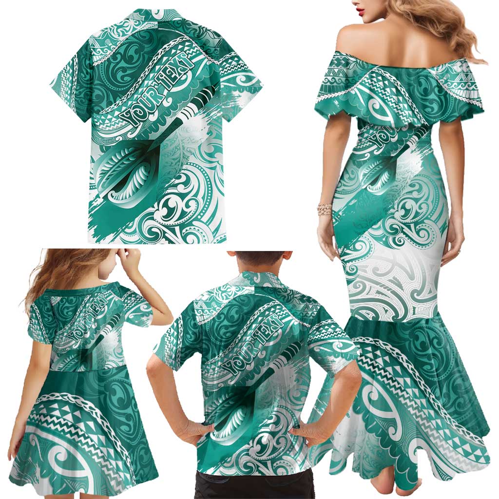 Personalised New Zealand Aotearoa Darts Masters Family Matching Mermaid Dress and Hawaiian Shirt Maori Art Tattoo with Tribal Dart Symbol Teal Color - Polynesian Pride