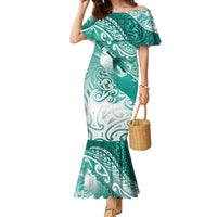 Personalised New Zealand Aotearoa Darts Masters Family Matching Mermaid Dress and Hawaiian Shirt Maori Art Tattoo with Tribal Dart Symbol Teal Color - Polynesian Pride