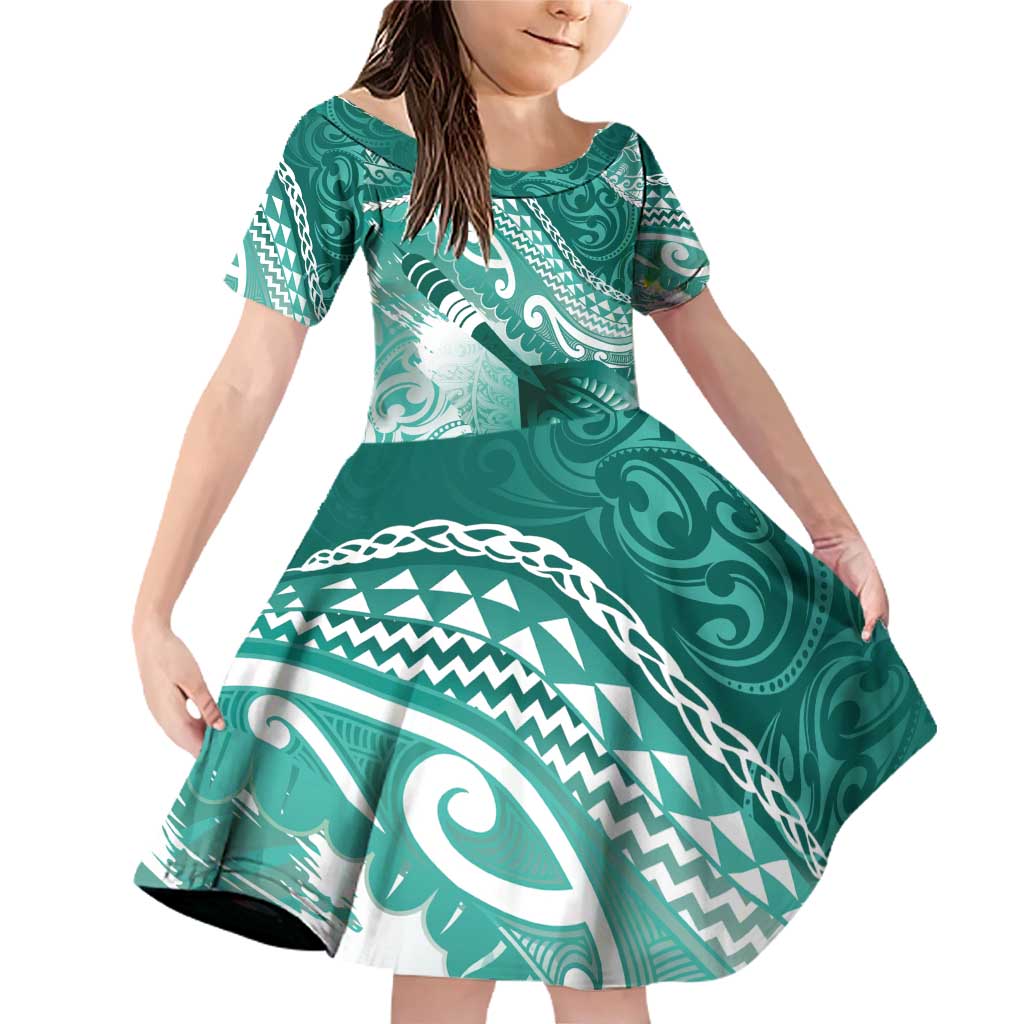 Personalised New Zealand Aotearoa Darts Masters Family Matching Off Shoulder Short Dress and Hawaiian Shirt Maori Art Tattoo with Tribal Dart Symbol Teal Color - Polynesian Pride