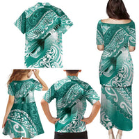 Personalised New Zealand Aotearoa Darts Masters Family Matching Puletasi and Hawaiian Shirt Maori Art Tattoo with Tribal Dart Symbol Teal Color - Polynesian Pride