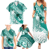 Personalised New Zealand Aotearoa Darts Masters Family Matching Summer Maxi Dress and Hawaiian Shirt Maori Art Tattoo with Tribal Dart Symbol Teal Color - Polynesian Pride
