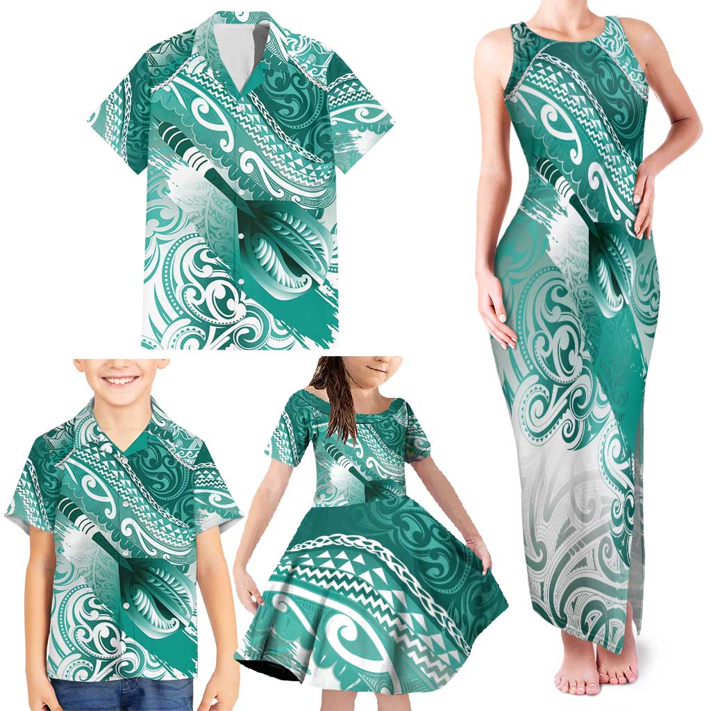 Personalised New Zealand Aotearoa Darts Masters Family Matching Tank Maxi Dress and Hawaiian Shirt Maori Art Tattoo with Tribal Dart Symbol Teal Color - Polynesian Pride