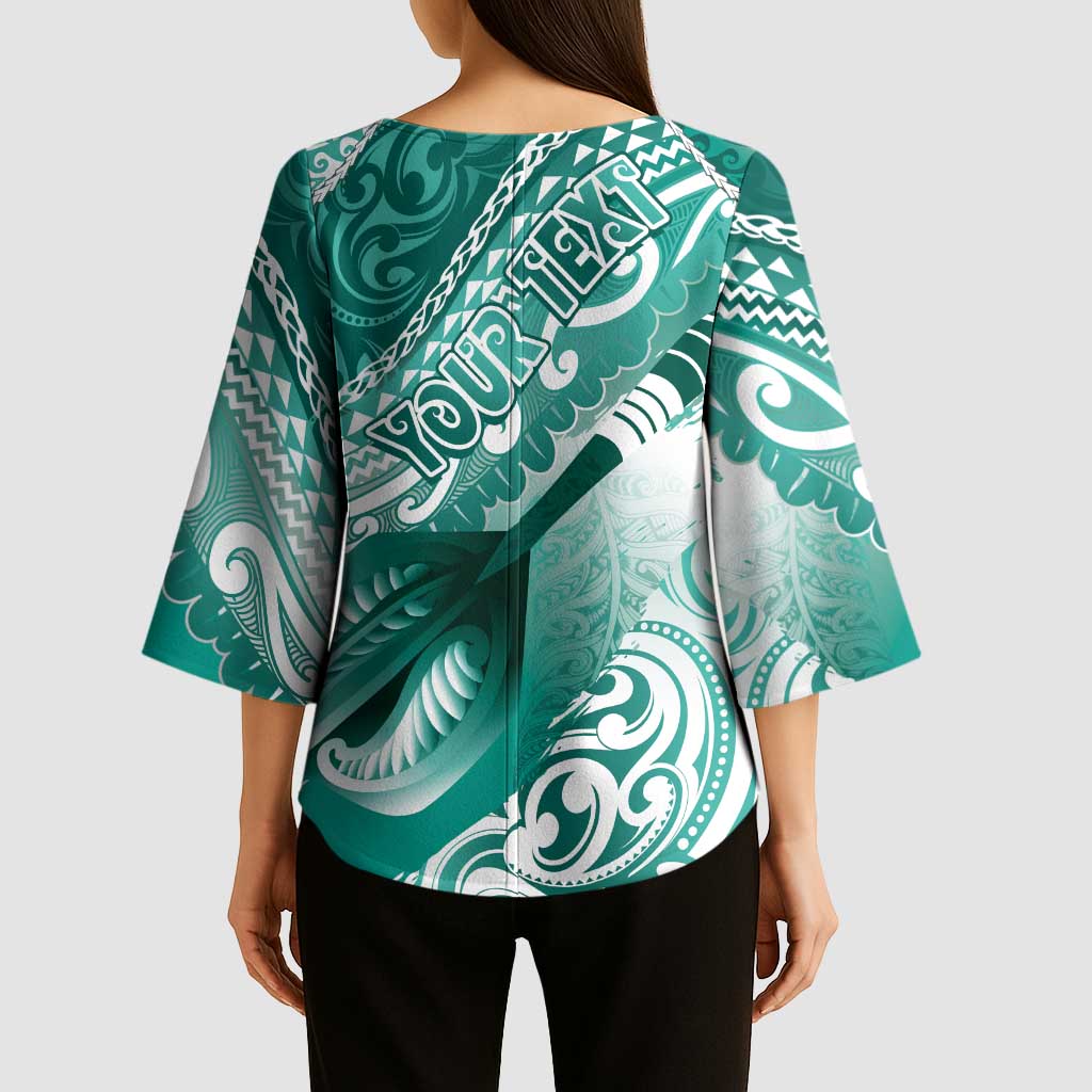 Personalised New Zealand Aotearoa Darts Masters Kimono Sleeve Blouse Maori Art Tattoo with Tribal Dart Symbol Teal Color - Polynesian Pride