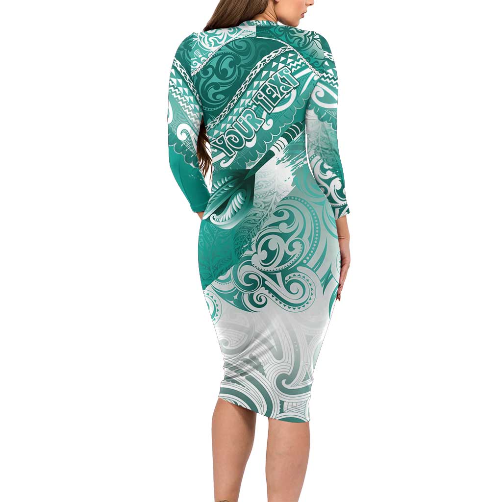 Personalised New Zealand Aotearoa Darts Masters Long Sleeve Bodycon Dress Maori Art Tattoo with Tribal Dart Symbol Teal Color LT03 - Polynesian Pride
