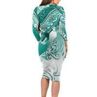 Personalised New Zealand Aotearoa Darts Masters Long Sleeve Bodycon Dress Maori Art Tattoo with Tribal Dart Symbol Teal Color LT03 - Polynesian Pride