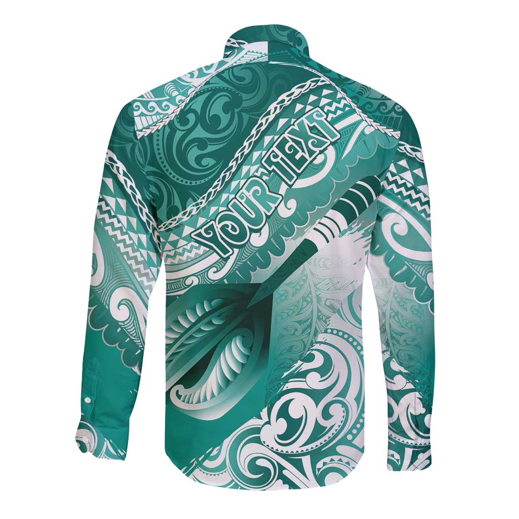 Personalised New Zealand Aotearoa Darts Masters Long Sleeve Button Shirt Maori Art Tattoo with Tribal Dart Symbol Teal Color - Polynesian Pride