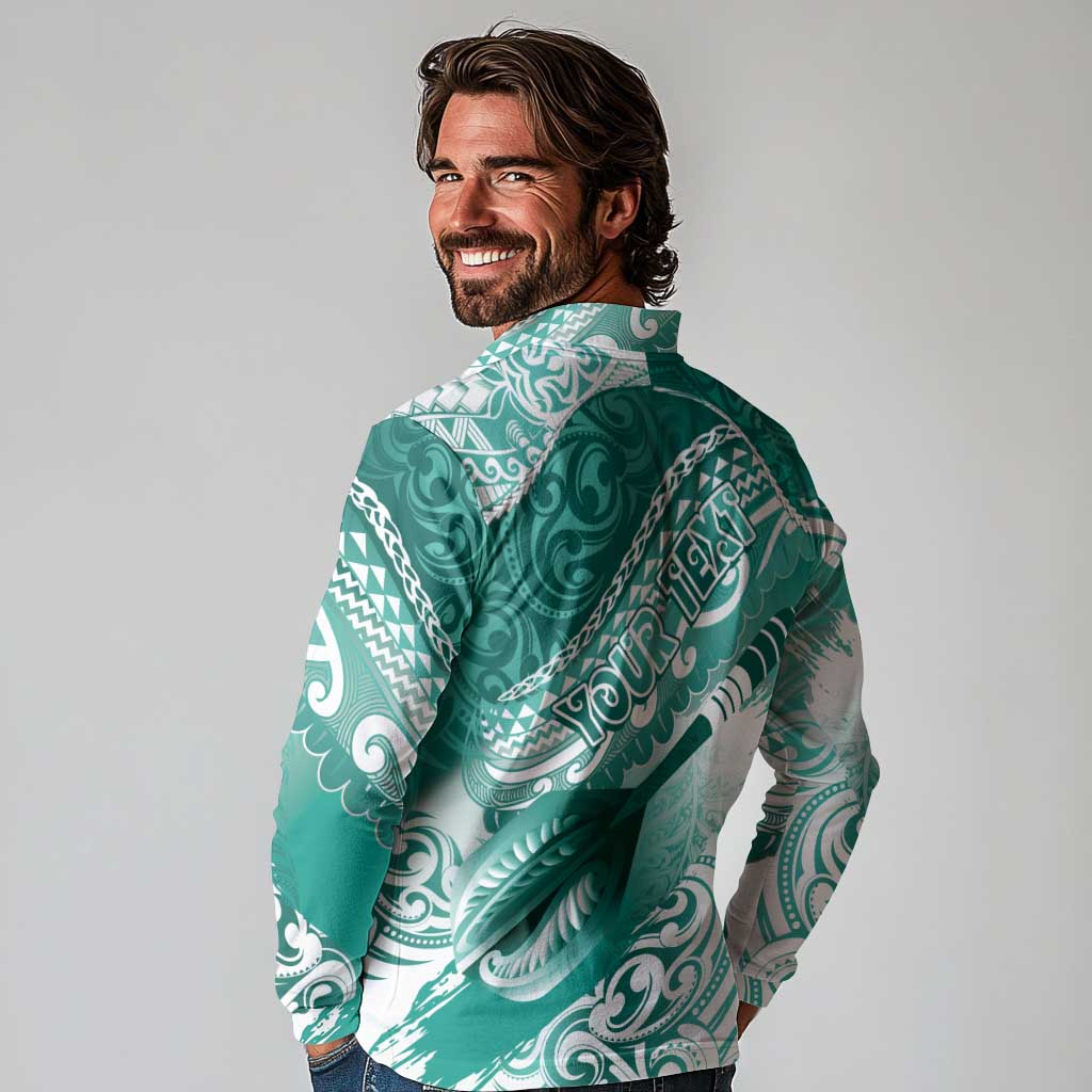 Personalised New Zealand Aotearoa Darts Masters Long Sleeve Polo Shirt Maori Art Tattoo with Tribal Dart Symbol Teal Color - Polynesian Pride