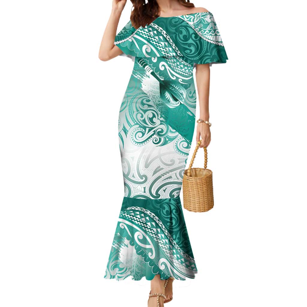 Personalised New Zealand Aotearoa Darts Masters Mermaid Dress Maori Art Tattoo with Tribal Dart Symbol Teal Color - Polynesian Pride