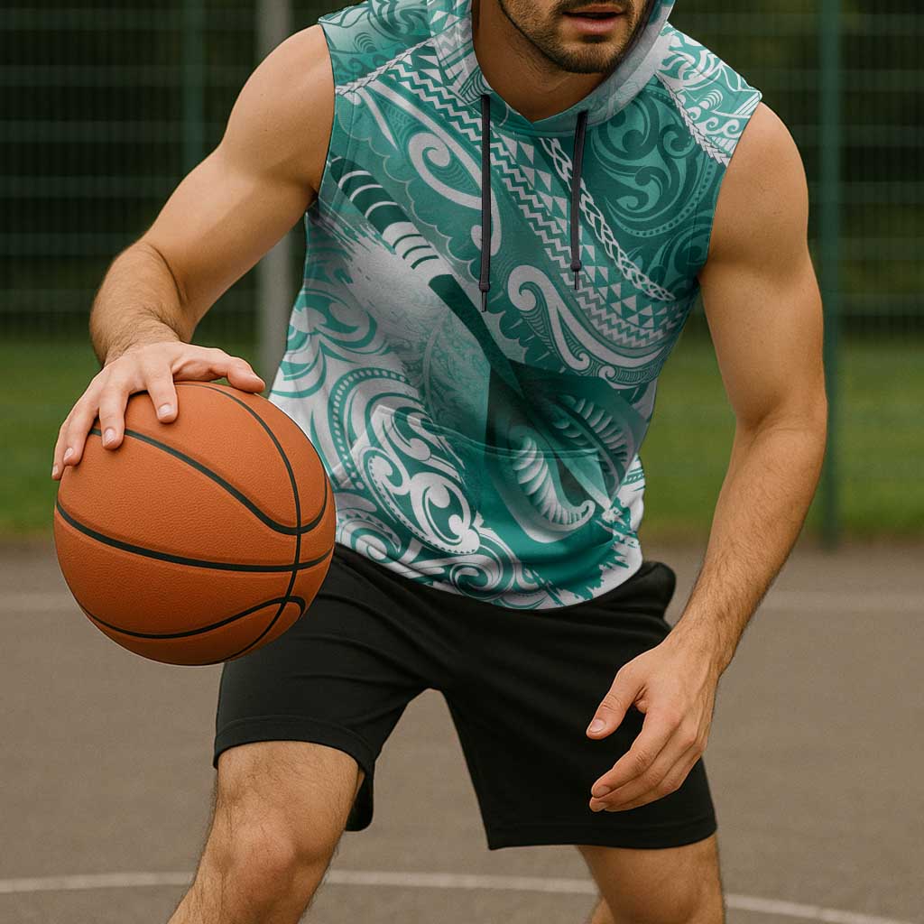 Personalised New Zealand Aotearoa Darts Masters Sleeveless Hoodie Maori Art Tattoo with Tribal Dart Symbol Teal Color - Polynesian Pride