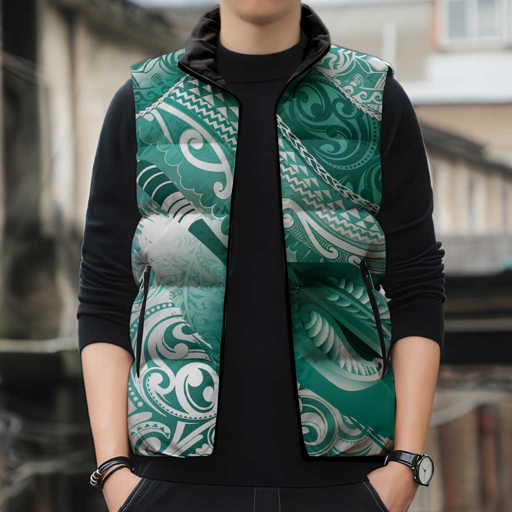 Personalised New Zealand Aotearoa Darts Masters Sleeveless Puffer Jacket Maori Art Tattoo with Tribal Dart Symbol Teal Color - Polynesian Pride