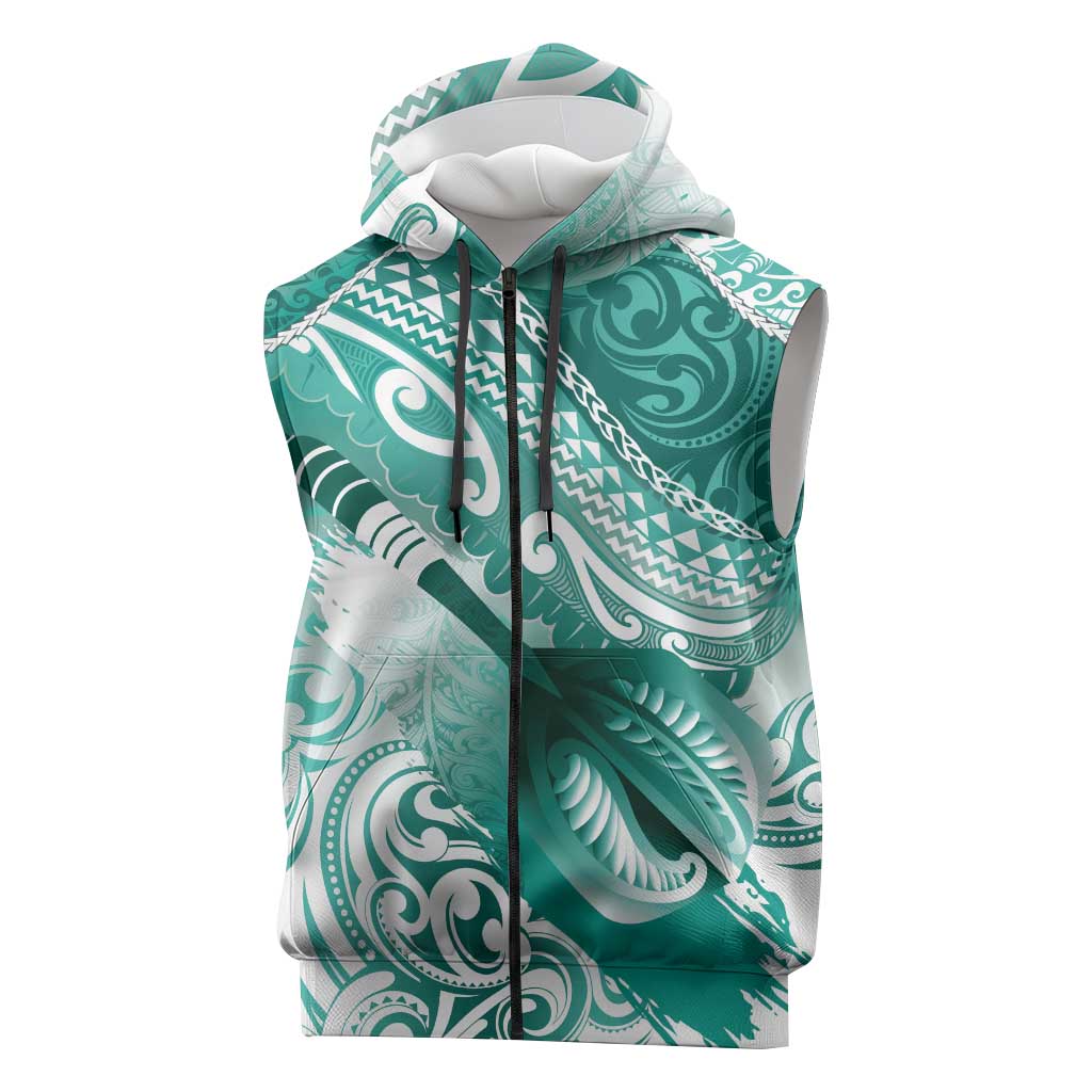 Personalised New Zealand Aotearoa Darts Masters Sleeveless Zip Hoodie Maori Art Tattoo with Tribal Dart Symbol Teal Color LT03 Teal - Polynesian Pride