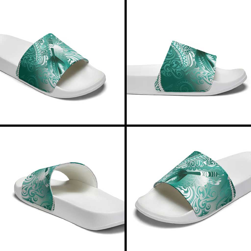 Personalised New Zealand Aotearoa Darts Masters Slide Sandals Maori Art Tattoo with Tribal Dart Symbol Teal Color - Polynesian Pride