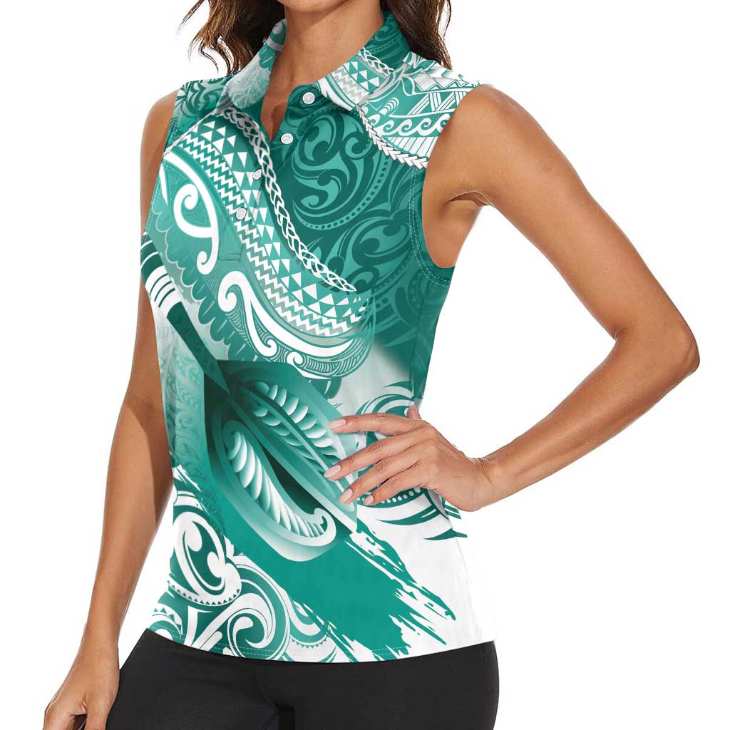Personalised New Zealand Aotearoa Darts Masters Women Sleeveless Polo Shirt Maori Art Tattoo with Tribal Dart Symbol Teal Color - Polynesian Pride