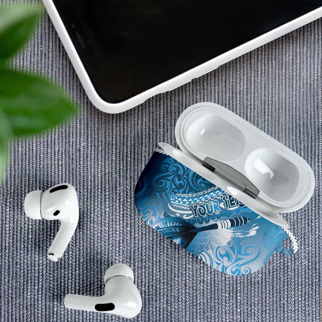 Personalised New Zealand Aotearoa Darts Masters AirPods Case Maori Art Tattoo with Tribal Dart Symbol Blue - Polynesian Pride