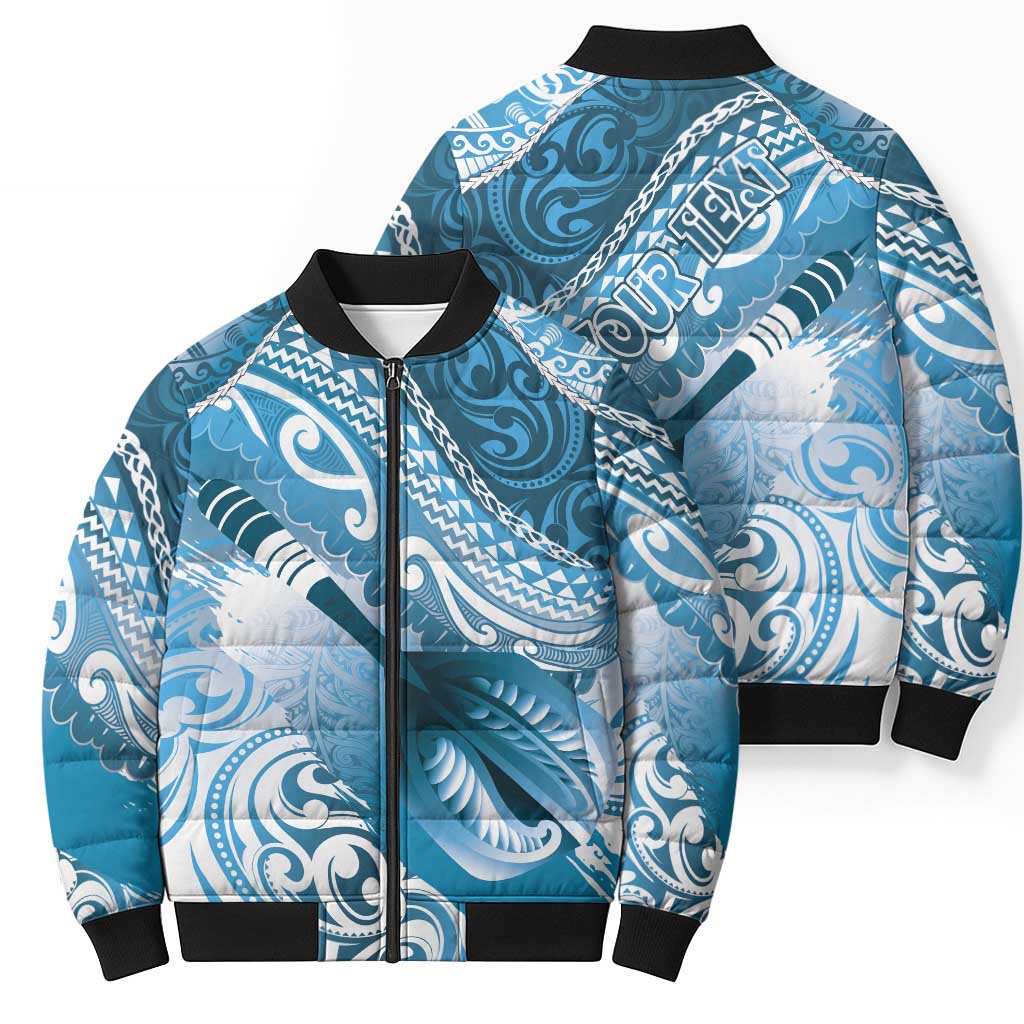 Personalised New Zealand Aotearoa Darts Masters Bomber Puffer Jacket Maori Art Tattoo with Tribal Dart Symbol Blue - Polynesian Pride