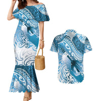 Personalised New Zealand Aotearoa Darts Masters Couples Matching Mermaid Dress and Hawaiian Shirt Maori Art Tattoo with Tribal Dart Symbol Blue - Polynesian Pride