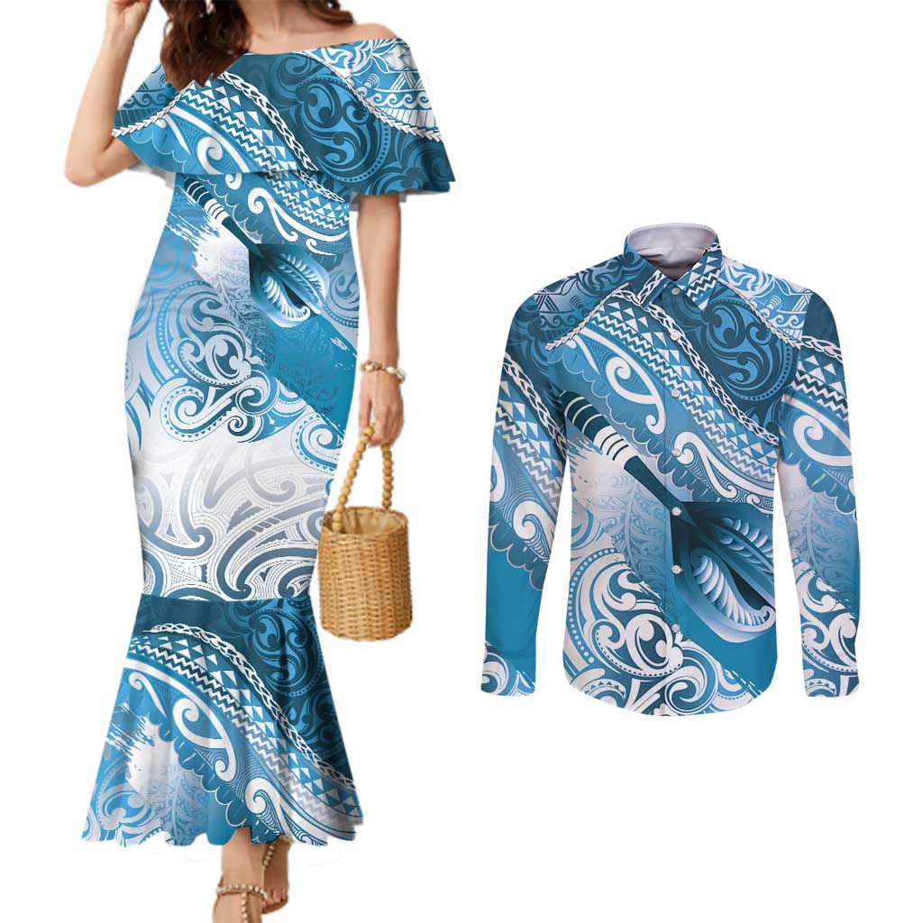 Personalised New Zealand Aotearoa Darts Masters Couples Matching Mermaid Dress and Long Sleeve Button Shirt Maori Art Tattoo with Tribal Dart Symbol Blue - Polynesian Pride