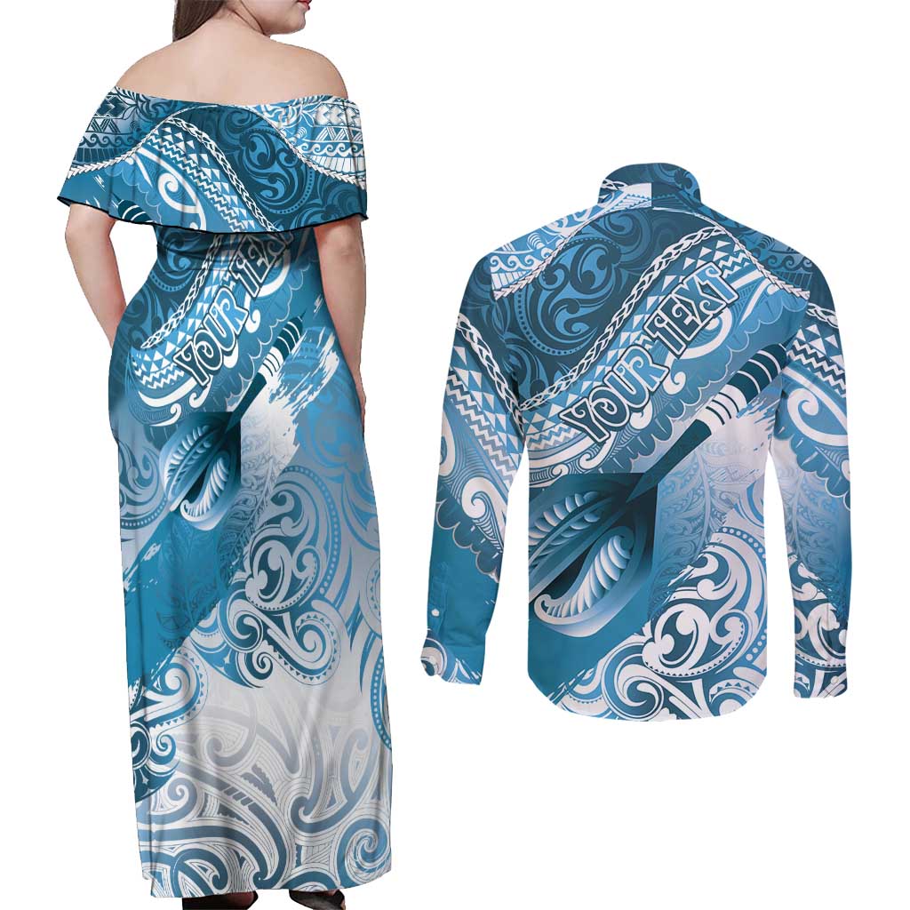Personalised New Zealand Aotearoa Darts Masters Couples Matching Off Shoulder Maxi Dress and Long Sleeve Button Shirt Maori Art Tattoo with Tribal Dart Symbol Blue - Polynesian Pride