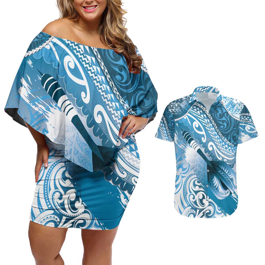 Personalised New Zealand Aotearoa Darts Masters Couples Matching Off Shoulder Short Dress and Hawaiian Shirt Maori Art Tattoo with Tribal Dart Symbol Blue - Polynesian Pride